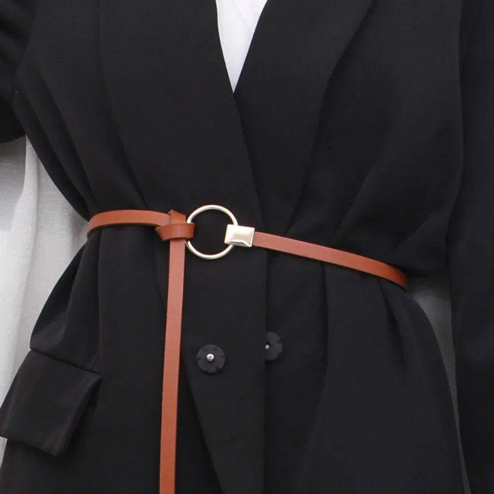 

Thin Belts for Dress Overcoat Shirt Women's Knotted Decorative Belts Fashion Black Coffee Color Waistband PU Waist Belt Chain