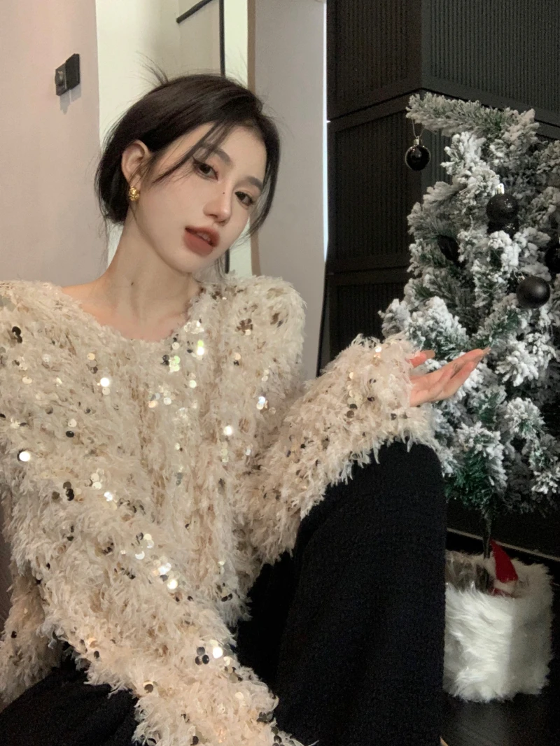 2024 New Year Female Clothes Beautiful Sequined Sweater Long Sleeve O-neck Fashion Women\'s Tassel Pullovers Sweet Lady Jackets