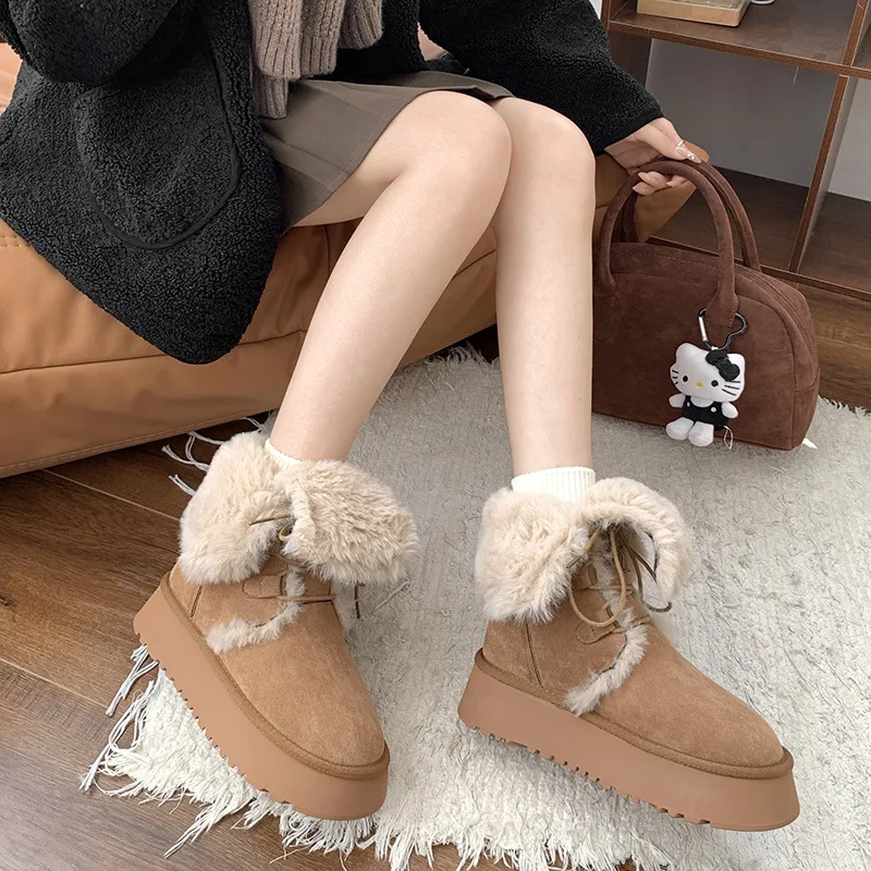 Fashion thick-soled versatile tall snow boots women's 2024 autumn and winter new warm and heightening snow boots cotton shoes