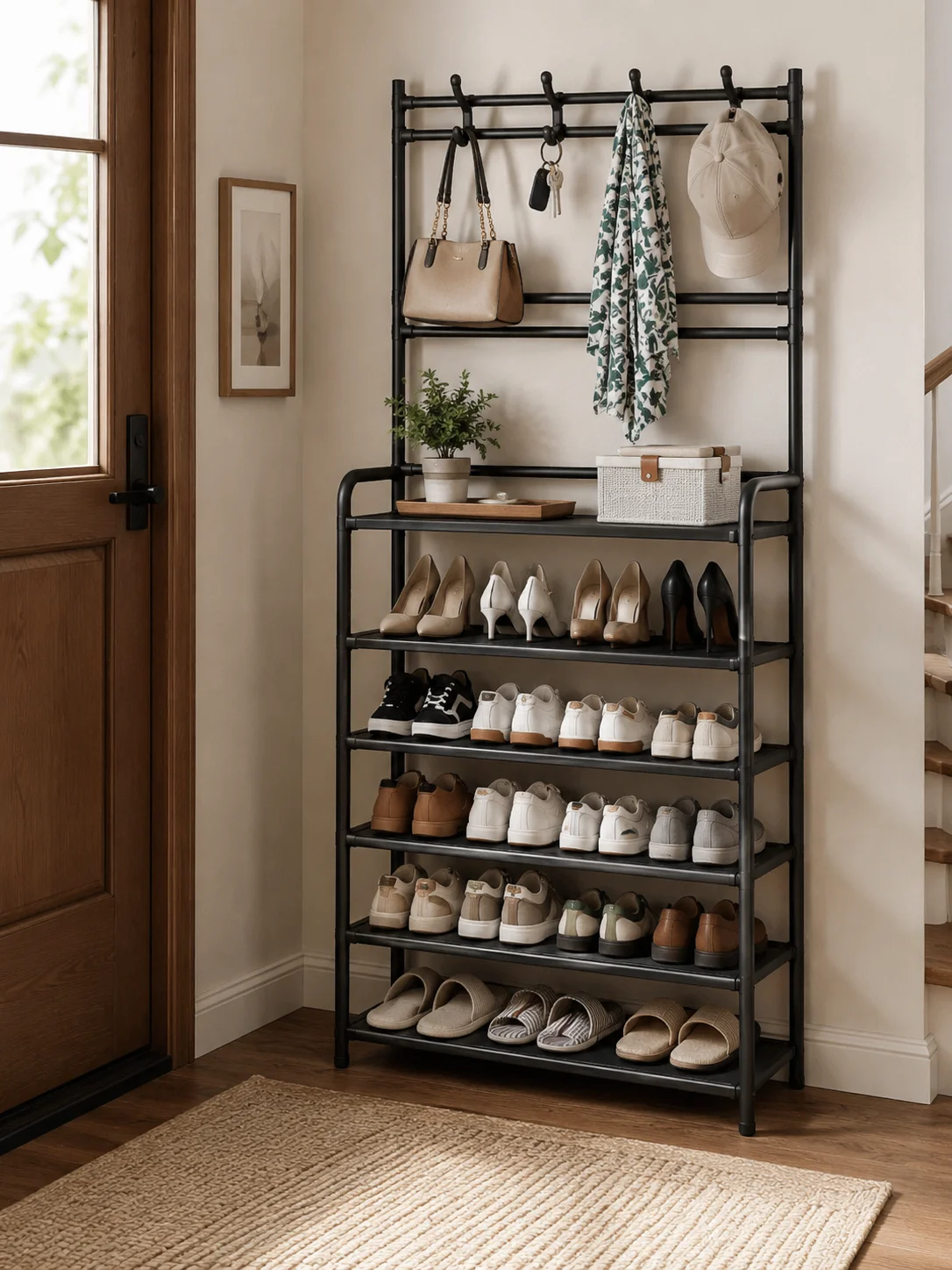 White5 Tier Shoe Rack with Hooks, Space Saving Entryway Organizer for Shoes, Bags, Hats, Closet & Bedroom