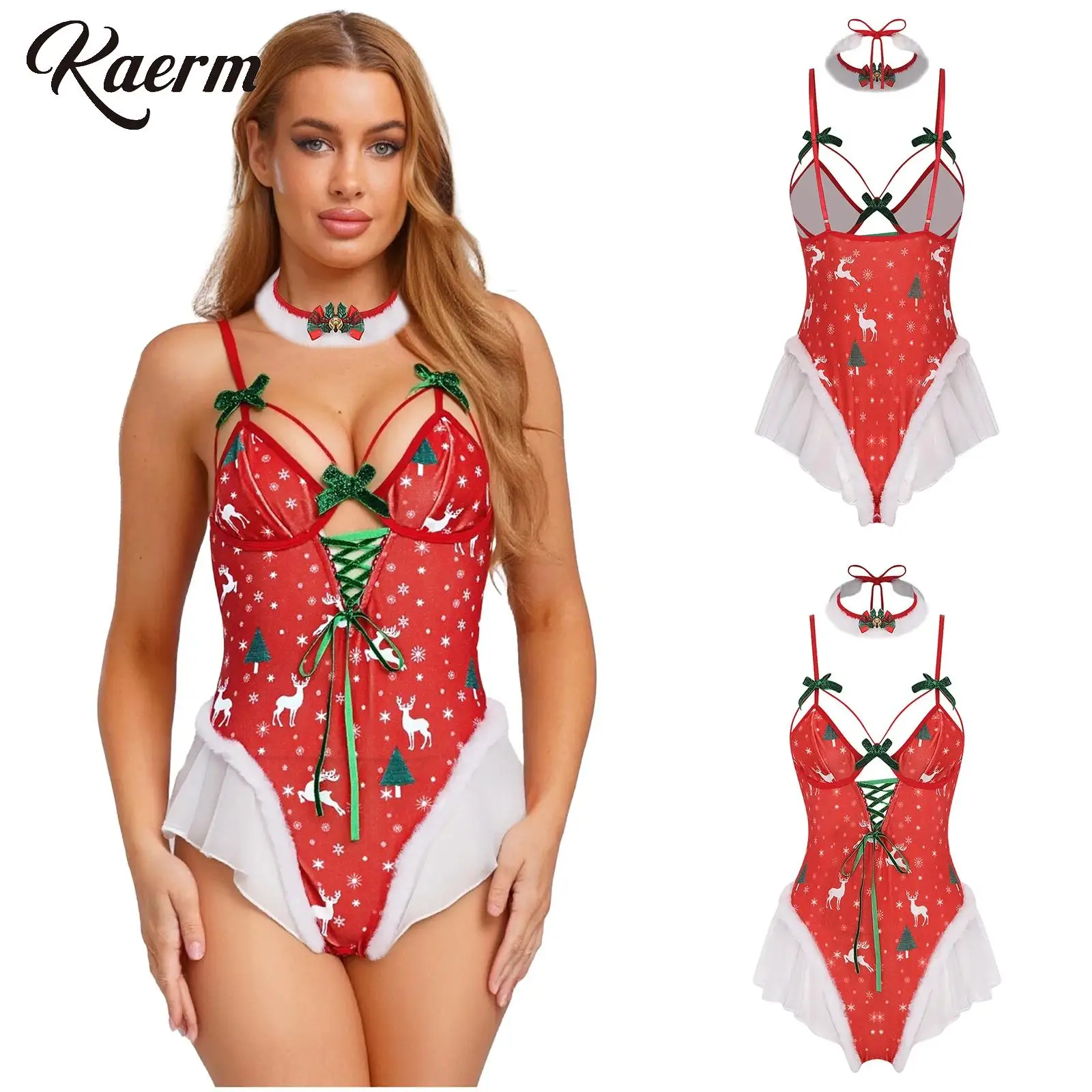 Ropa de dormir navideña para mujer, mono de Año Nuevo con gargantilla y ribete de malla con volantes y diseño de entrepierna abierta