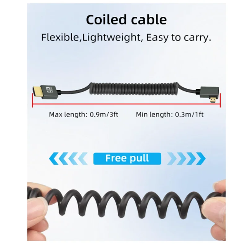 UP Down Left Right Micro HDMI-compatible to HDMI Cable Coiled HDMI 2.1 Cable 8K@60Hz 48Gbps For Camera/Camcorder/HDTV/Tablet