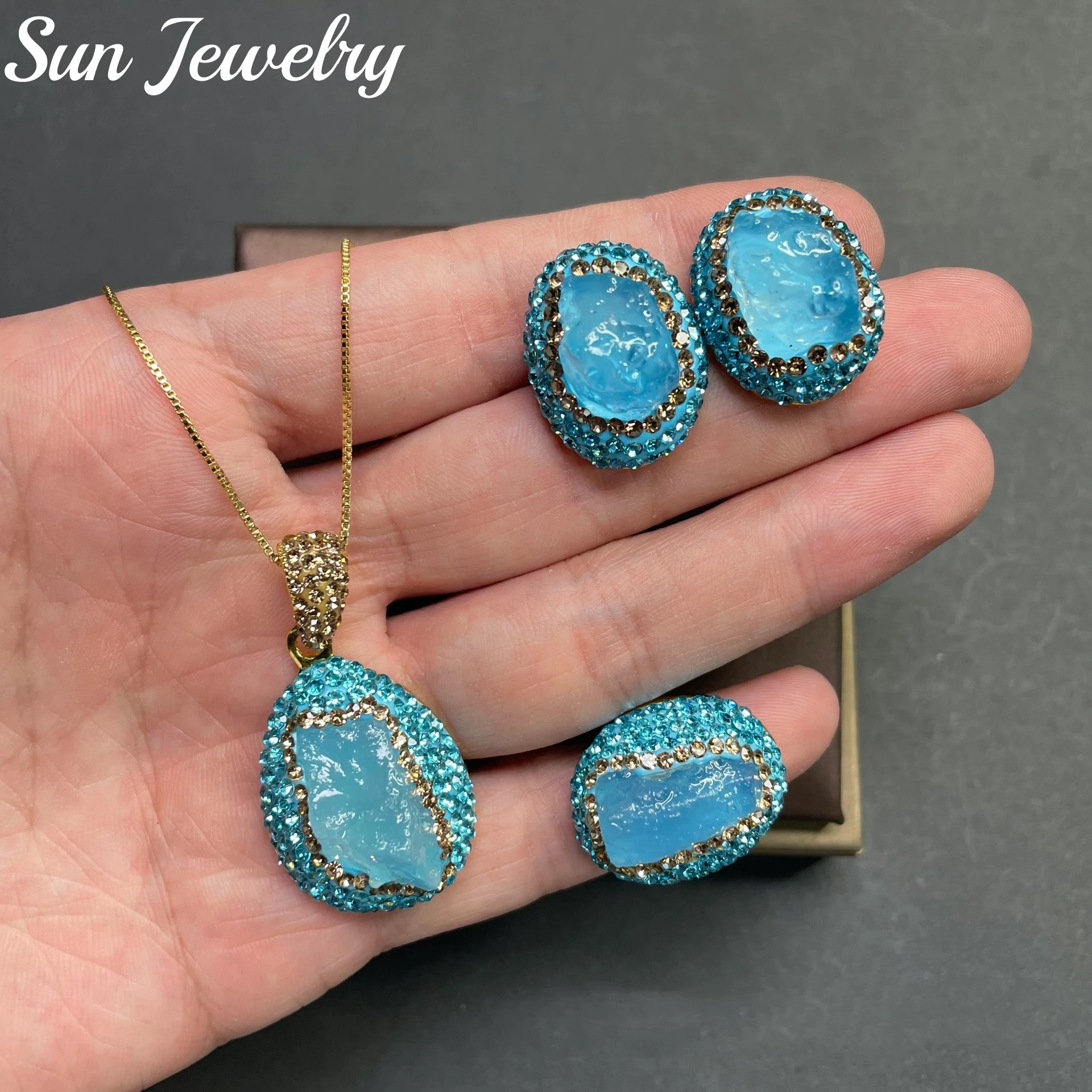 Natural High Quality Turquoise Necklace Earrings Ring Set High Quality Crystal Jewelry Set Elegant Luxury Party Jewelry Women