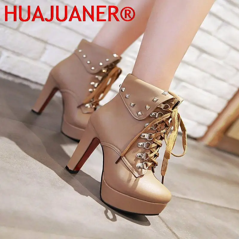 Winter Style Thick High Heels Rivets Lace Up Ankle Boots Platform Women Boots Fall Shoes 2023 Women\'s Chelsea Ankle High Heels