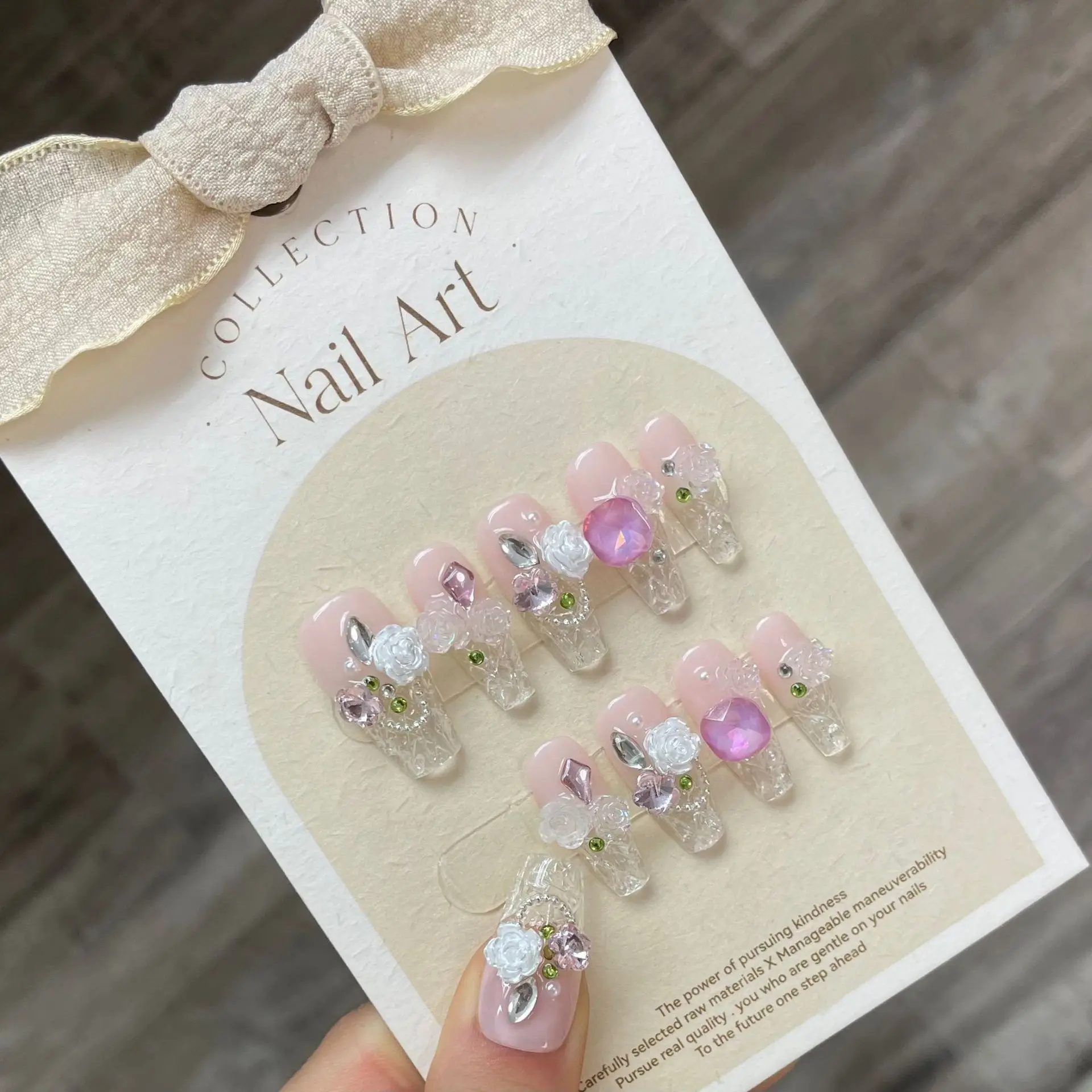 

3D Camellia Handmade Press on Nails Full Cover Ballerina Fake Nails Wearable Artificial Handworked False Nails With Rhinestones