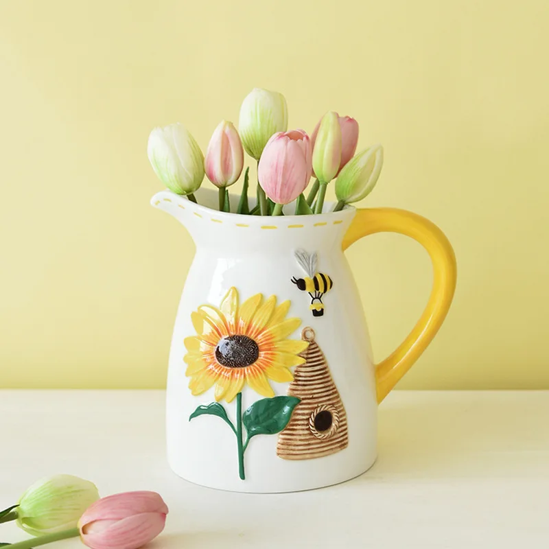 Ceramic Vase Kettle Flowerpot Cute Bee Flower Vase Sunflower Flower Arrangement Accessories Terrarium Home Decoration