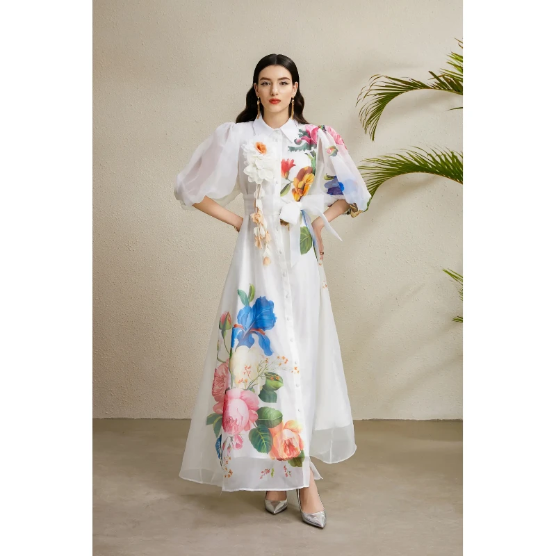 French Chic Vintage Boho Print Evening Party Dresses Female Mesh Puff Sleeve Single-breasted Sundress Women Clothing Long Dress
