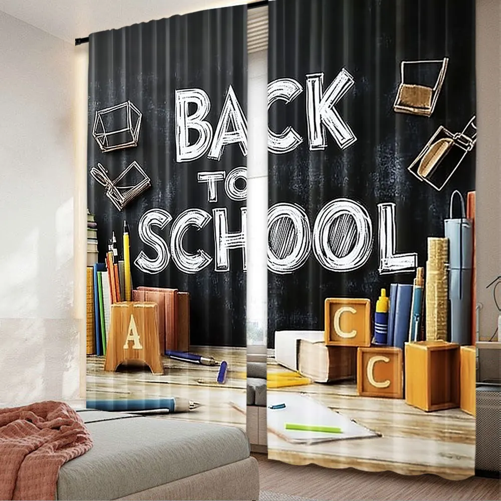 2Pcs Back To School Cutain Classroom Chalk Blackboard First Day Of School Window Drapes For Party Decoration A