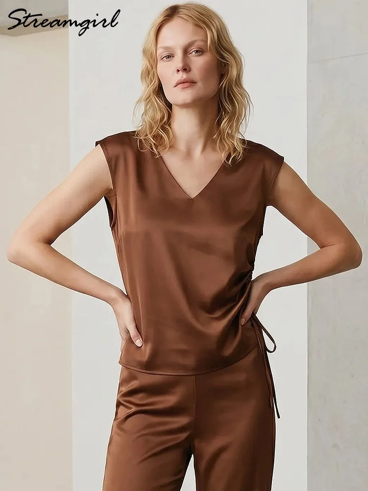 Streamgirl Women Summer Satin Blouse Sleeveless V Neck White Tops Solid Slim Thin Luxury Red Sleeveless Blouse Satin For Women