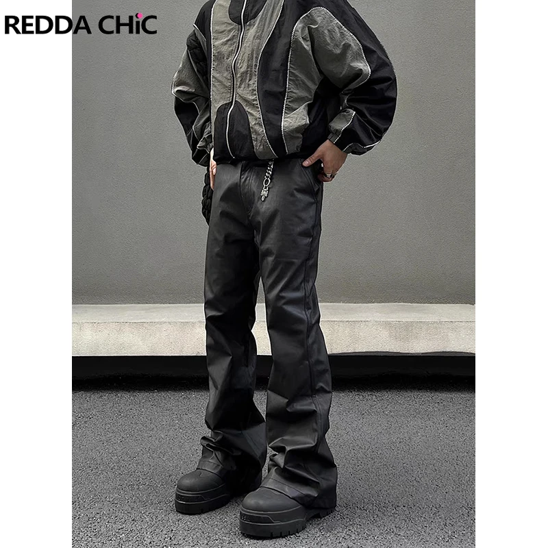 REDDACHIC Retro Solid Black Bootcut Leather Pants Men Cleanfit Loose Wide Leg Low Waist Bell Bottoms Moto High Street Clothes