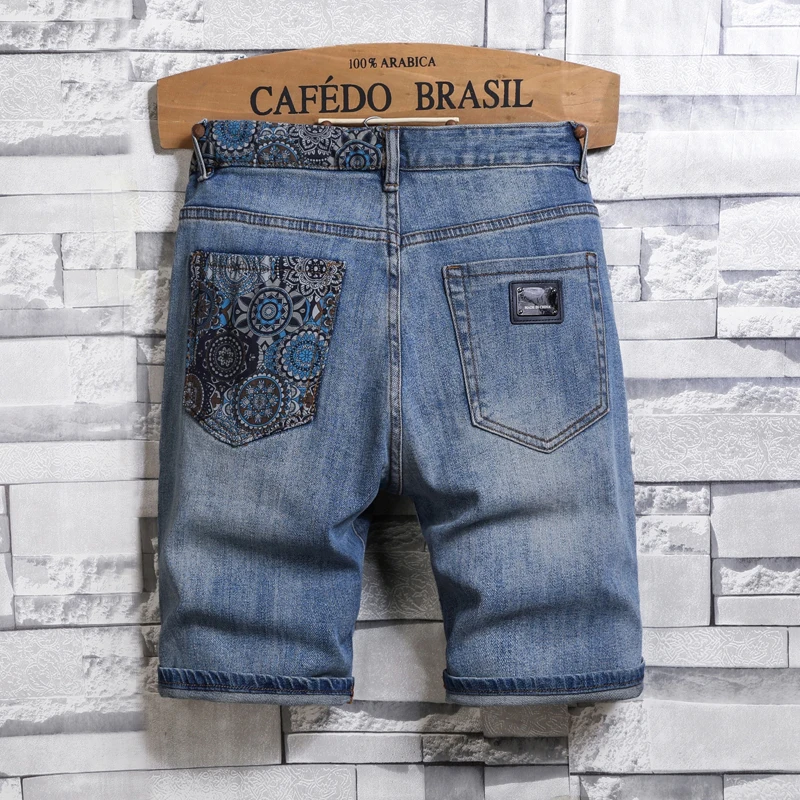 

JDK62 High-quality tide brand fashion cashew flower collision colour splicing broken holes loose casual versatile denim shorts