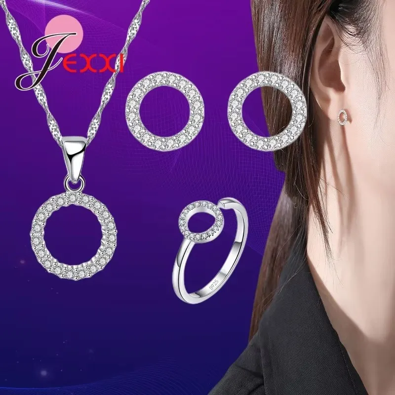 100 Real Pure 925 Sterling Silver Jewelry Sets Trend Full Rhinestone Cubic Zircon Paved Circle Shape Earrings Necklace Ring