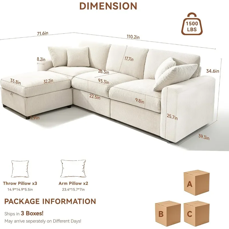 Cloud Sectional Couches for Living Room 110 Large Modular Sectional Sofa with Wide Deep Seat L Shaped Couch with Throw Pillow