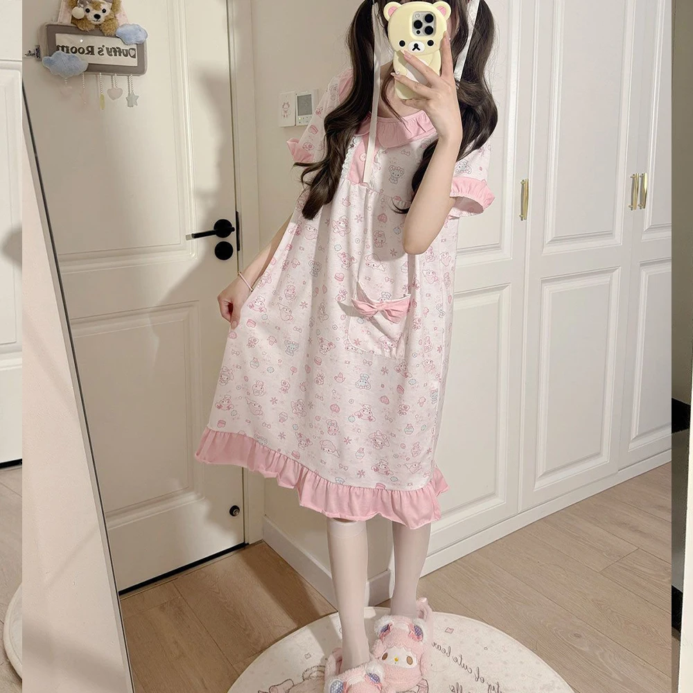 

Sanrio My Melody Women's Sleeping Skirt Kawaii Cartoon Summer Leisure T-Shirt Sleeping Pajamas Long Skirt Home Clothes New Style