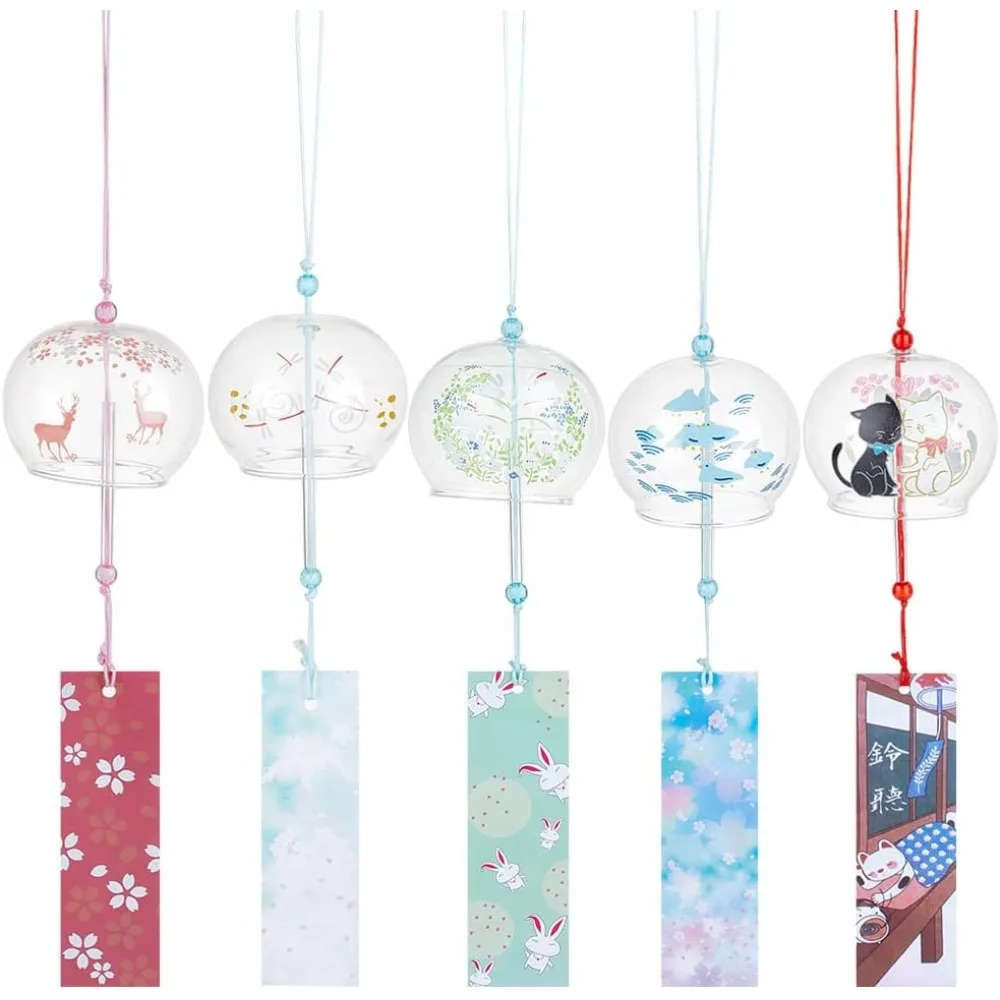 5pcs 5 Styles Wind Chimes Animal Theme Handcrafted Glass Wind Bells Glass Wind Bells Creative Hanging Pendants for Home Garden