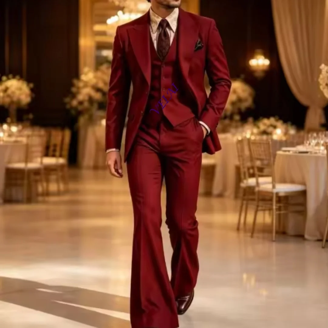 Customized Vintage 3 Pieces Prom Suits for Men Custom Tailored Wedding Tuxedo with Flared Trousers Retro Outfit for Banquet Even