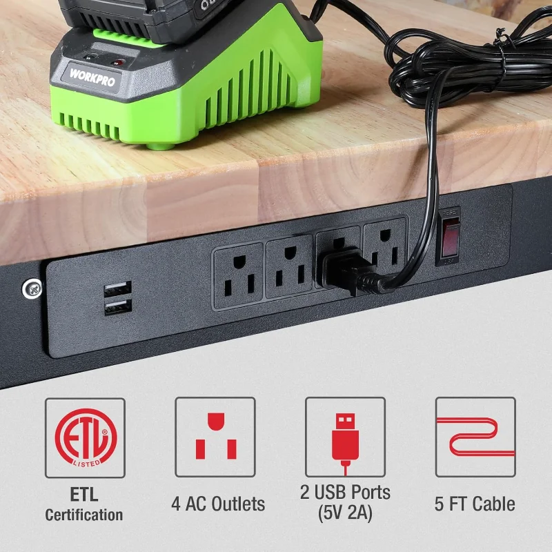 WORKPRO 72" Adjustable Workbench, 3000 LBS Load Capacity Hardwood Garage Workbench with Power Outlets, Rubberwood Top