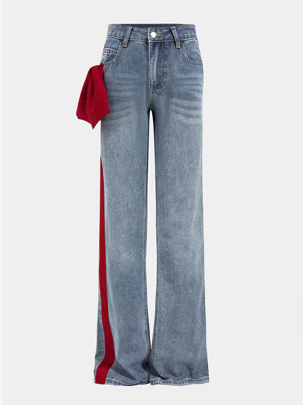 

Modphy Jeans Women Long Pants Elegant Splicing Bow Denim Pant Slim Y2K Hole High Waist Button Straight Trousers Summer 2025
