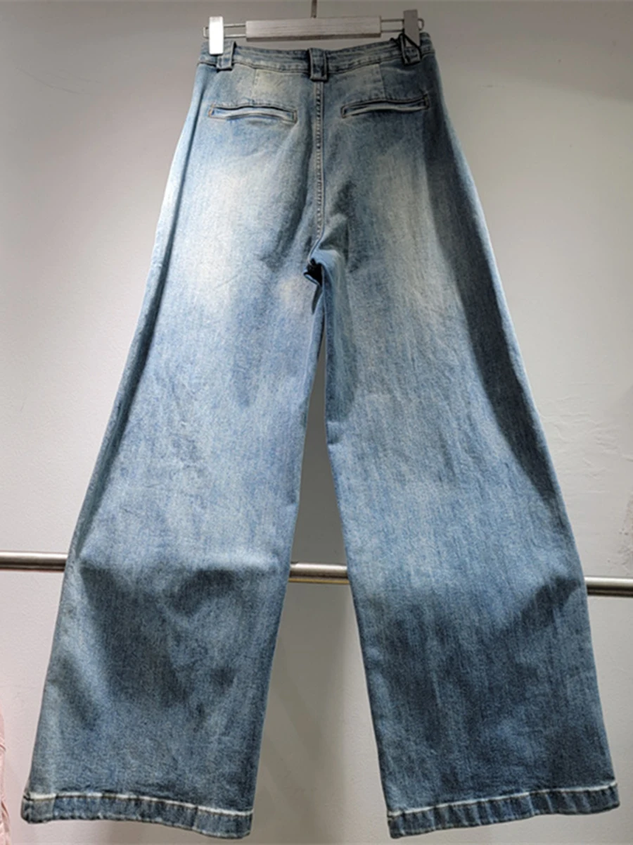 GALCAUR Solid Spliced Double Breasted Loose Denim Pants for Women High Waist Patchwork Zipper Wide Leg Trousers Female fashion