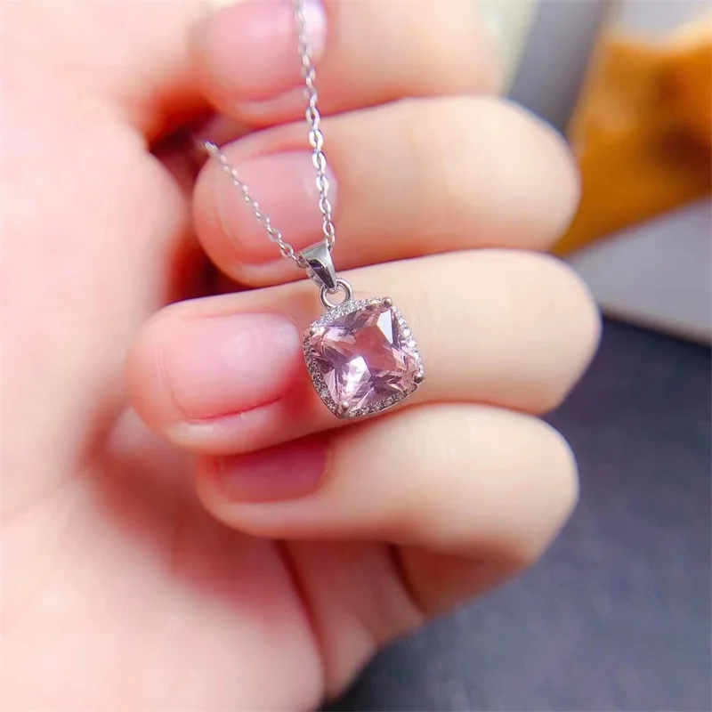 

Morganite 925 Sterling Silver Pendants Necklace Square Shape Pink Birthday Gift Christmas Fine with Certificate