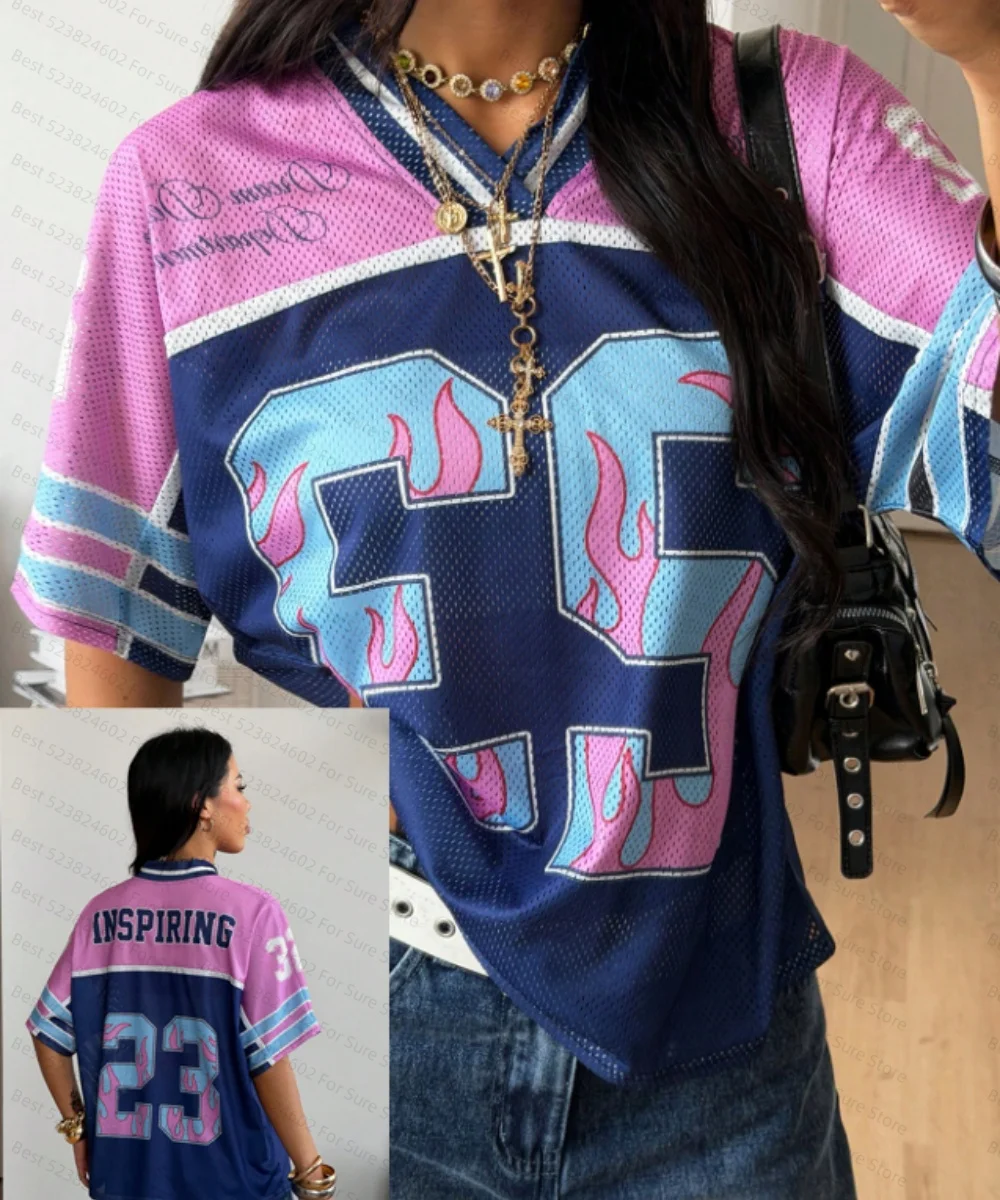 Women's Y2K Flame Print Mesh Football Tshirt Jersey Plus Size V Neck Color Block Streetwear Vintage Breathable Summer T Shirt