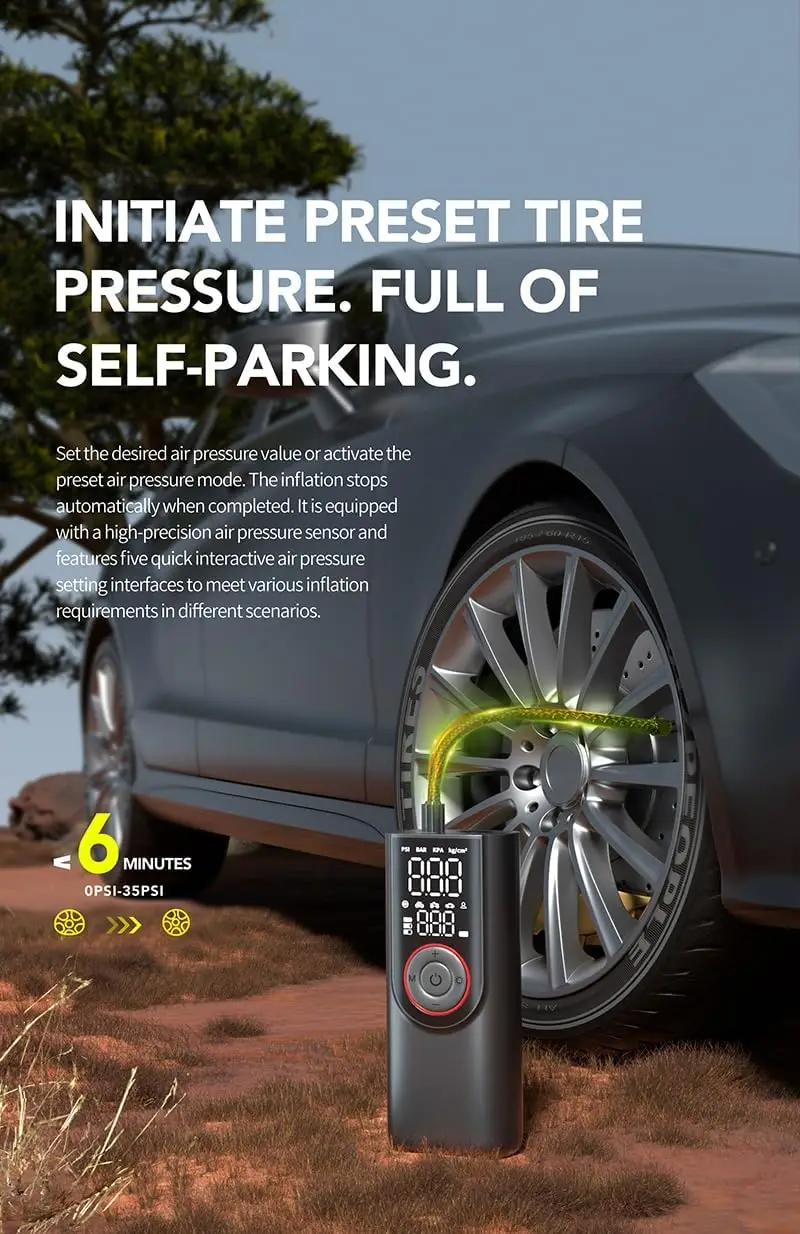 

Портативный воздушный насос для накачивания шин 150PSI с ЖК-дисплеем, быстрая накачка для автомобиля, мотоцикла, велосипеда