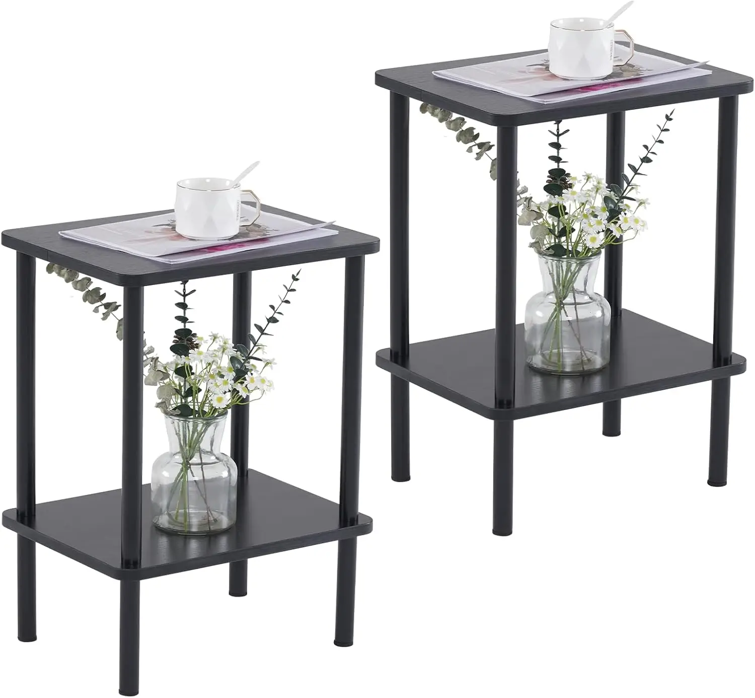 

2 Tier End Table Set of 2, Small Side Table with Solid Wood Legs, Boho Bedside Table with Storage Shelf, Nightstand for Small