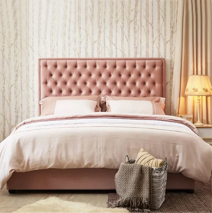 Double bed French minimalist modern velvet queen bed American high back buckle bedroom model room