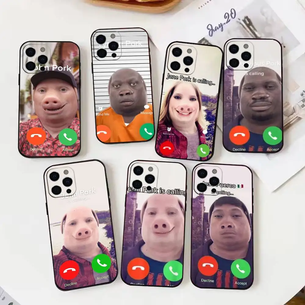 

J-John P-Pork is Calling Answer Call Phone Case For iPhone 17 16 15 14 13 12 Max Plus Silicone Black Cover