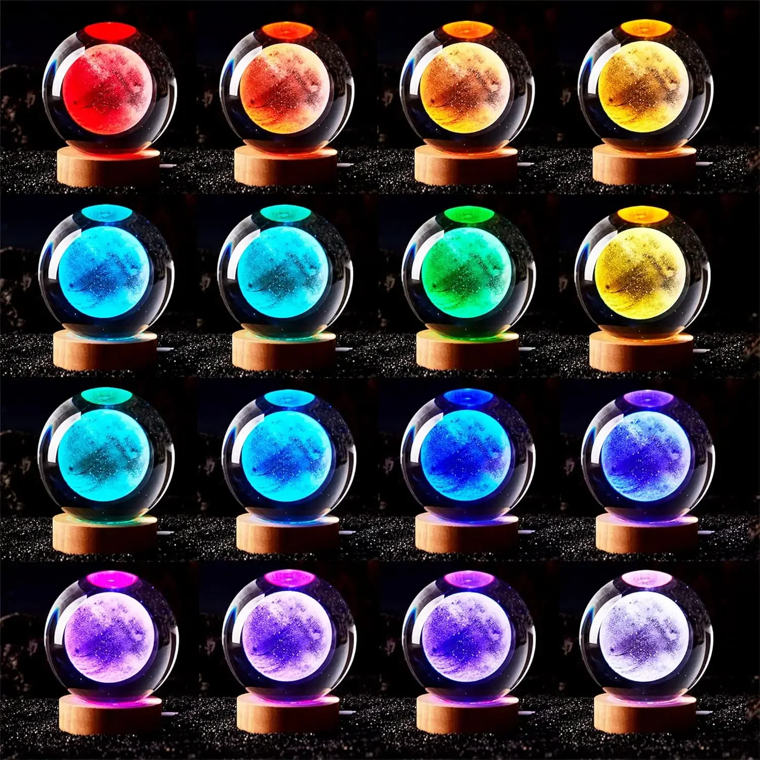 3D Moon Crystal Ball Lamp Night Light with Wooden Base 16 Colors Changing Light Dimmable Remote Control Desk lamp Gift