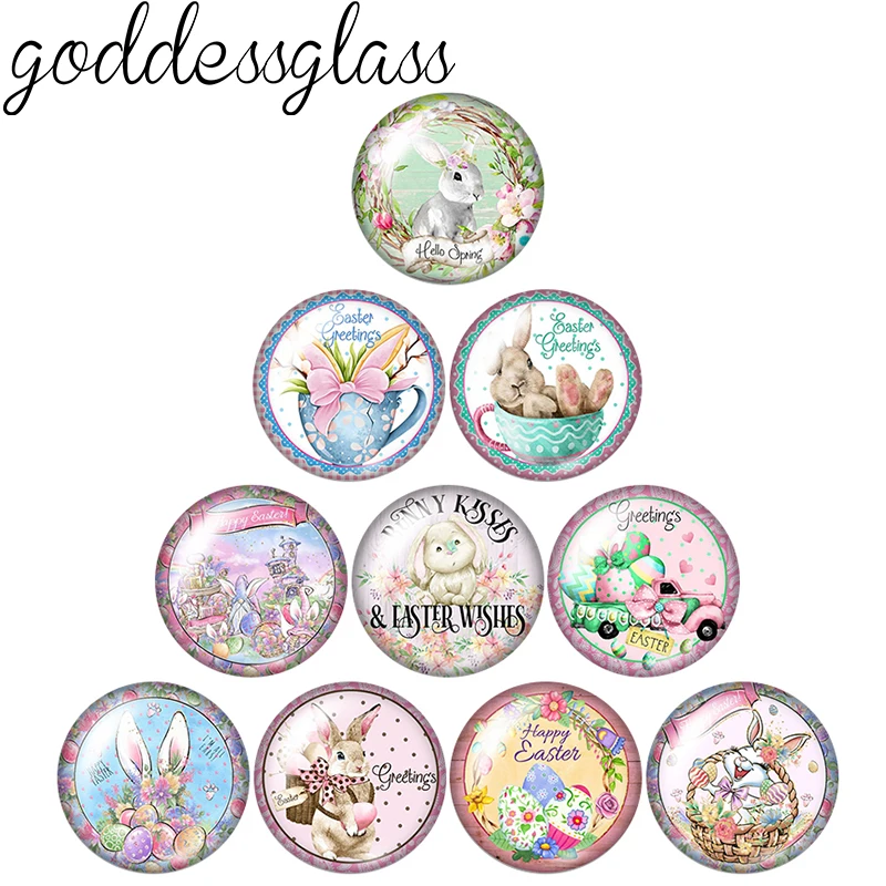 New Happy Easter Day Rabbit Bunny Egg 10pcs mix 12mm/18mm/20mm/25mm Round photo glass cabochon demo flat back Making findings