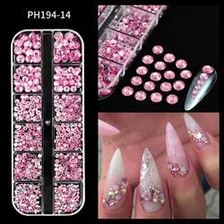 12 grids 3D Pink Non Hotfix Crystal Gems Mixed Size S6-S30 Flatback Round Beads Nail Glass Rhinestones Clothes Shoes Decor DIY %