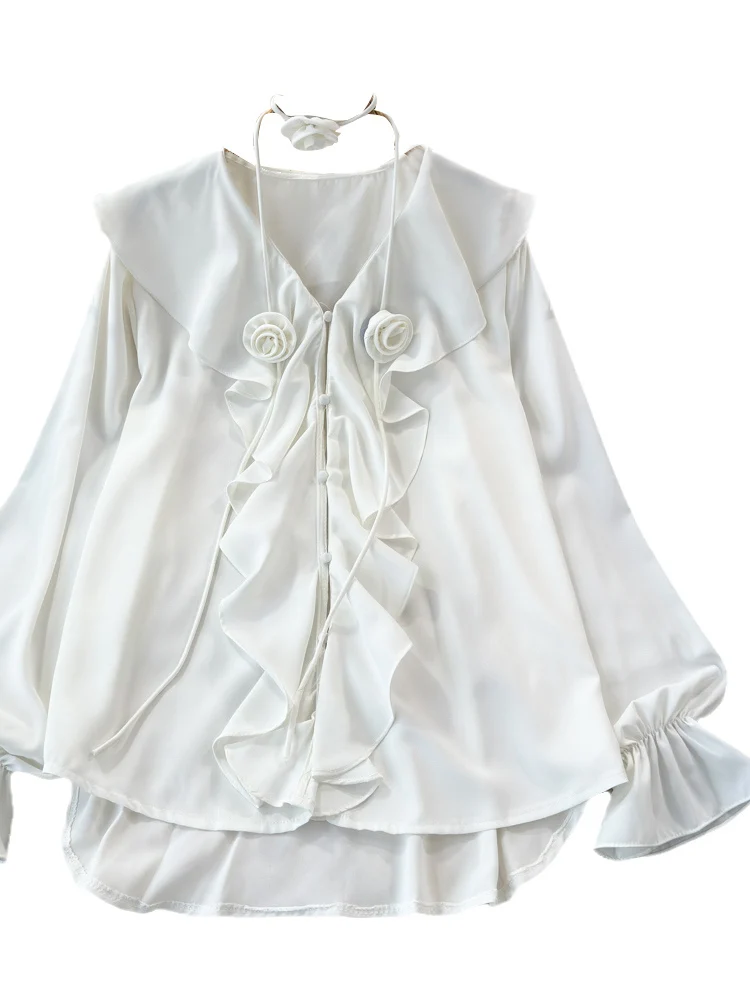 

Gentlewoman Sle V-Ne Long Sve Single Button irt Design Sensation Flared Sve Top Spring Faion Korean Version