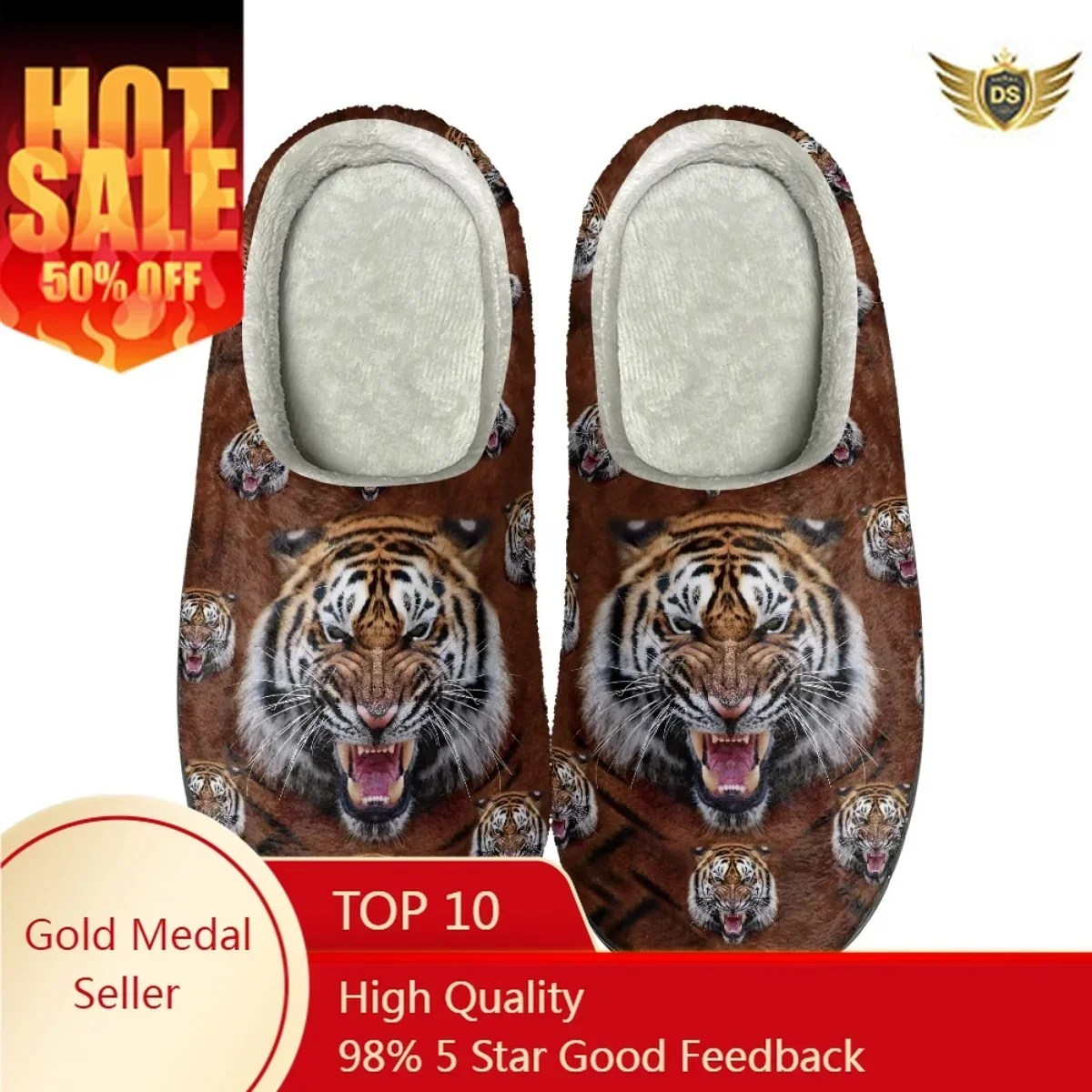 

Fashion Tiger Design Indoor Couples Slippers Winter Warm Comfy Flats Footwear All-match Non-Slip Cotton Slippers Print On Demand