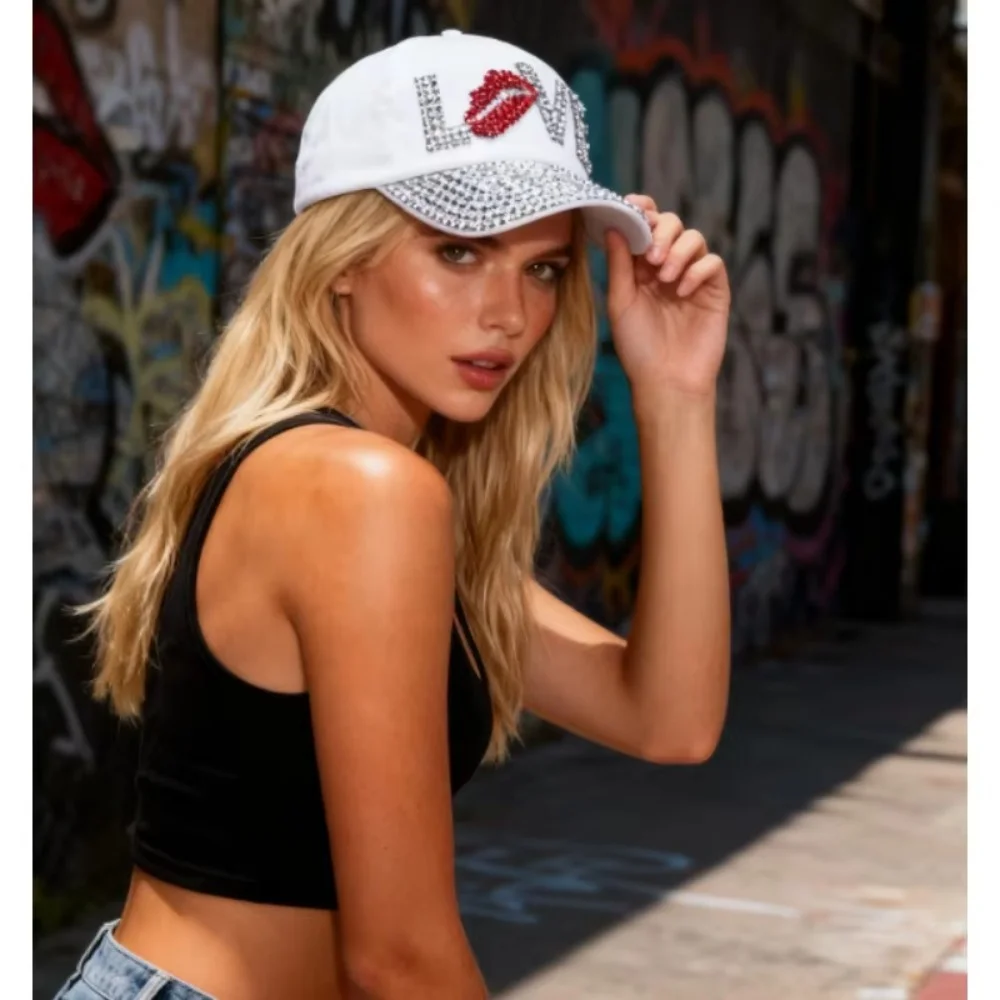 قبعة بيسبول بيضاء لعيد الحب من PESENAR مع تصميم حب من حجر الراين: متألقة ورومانسية للحب اللامع مع مظهر على شكل حرف V