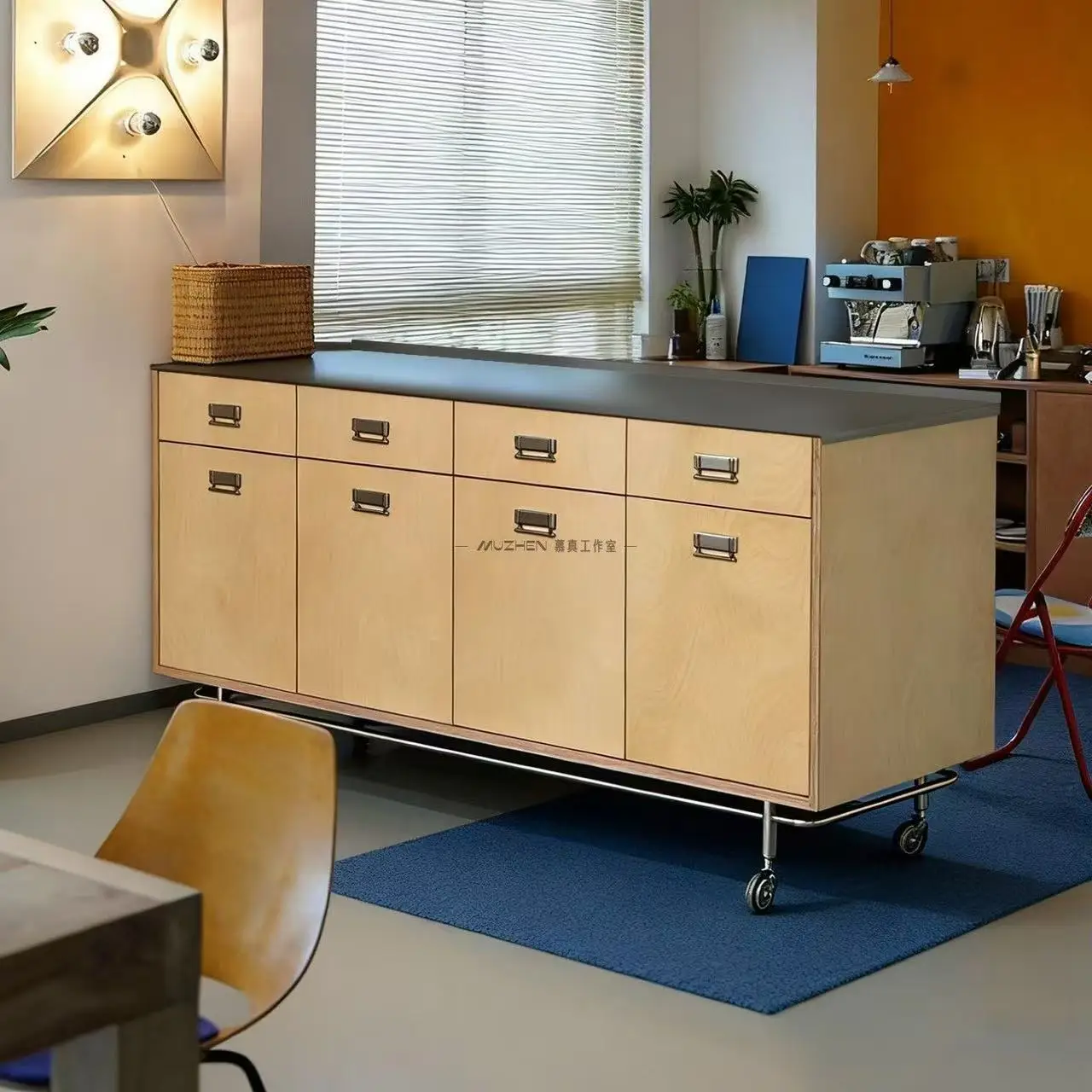 Mobile stainless steel chest half wall coffee machine locker console locker marine plate wheeled side cabinet