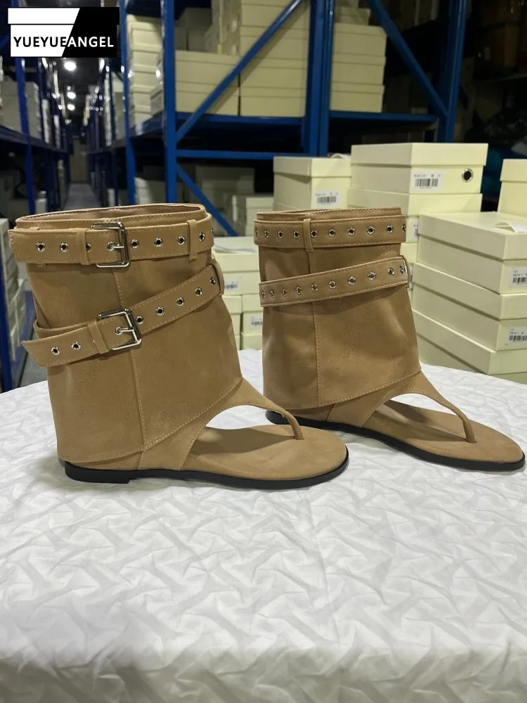 Summer Women High Top Sandal Split Leather Clip Toe Cowboy Boots Fashion Belt Buckle Casual Slip On Casual Ladies Wedge Sandals
