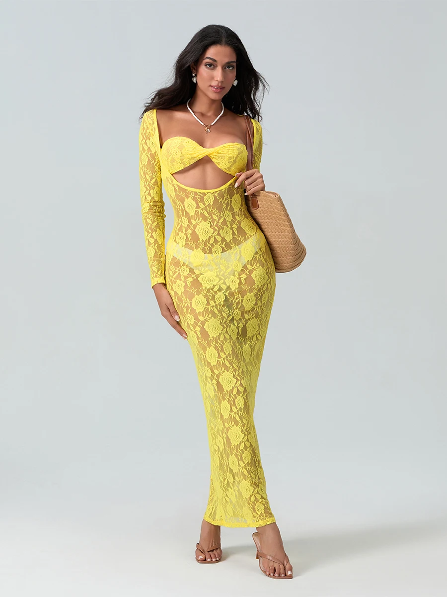 Wsevypo-Robe de Soirée Transparente en Dentelle pour Femme, Cache Bikini Sexy, Manches sulf, Découpe, Tenue de Plage, Vacances