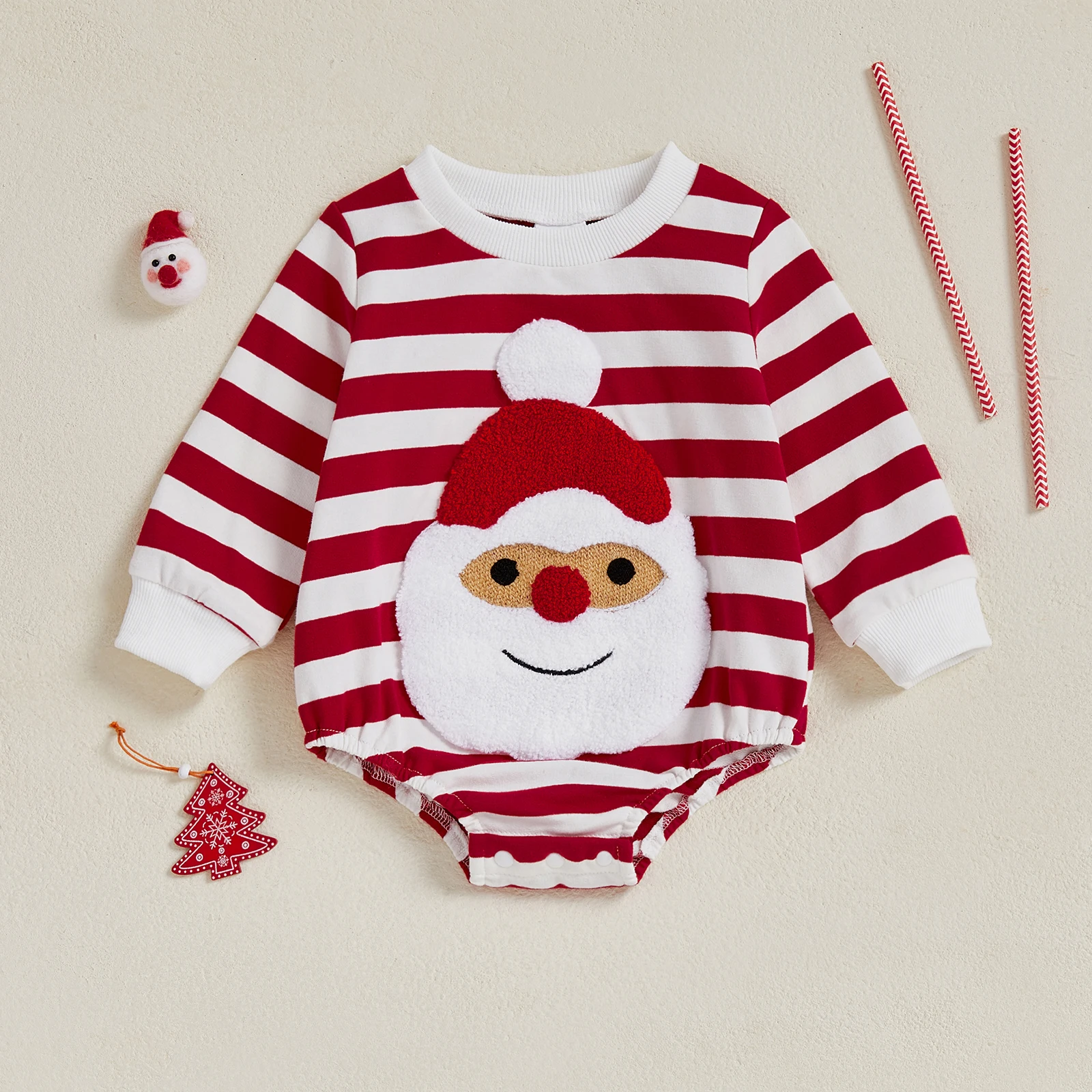 

Рождественский комбинезон для маленьких мальчиков и девочек в полоску с принтом Санта-Клауса и вышивкой, свитшот с длинными рукавами и круглым вырезом, комбинезон для детей 0-18 месяцев