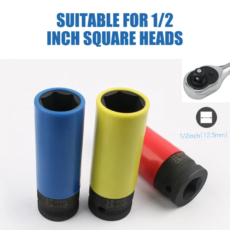 3Pcs 1/2inch Drive Impact Lugs Nut Socket Set Drive Car Accessories 17 19 21MM Wall Wheel Protectors Deep Impact Socket