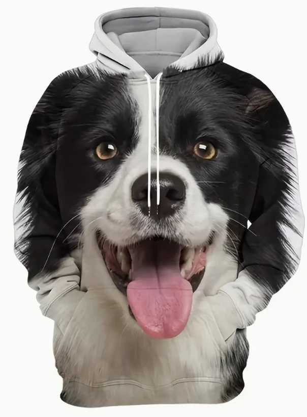 

Men's Plus Size Trendy Hoodie with Realistic Dog Face Print - Oversized Long Sleeve Sweatshirt, Polyester Blend,
