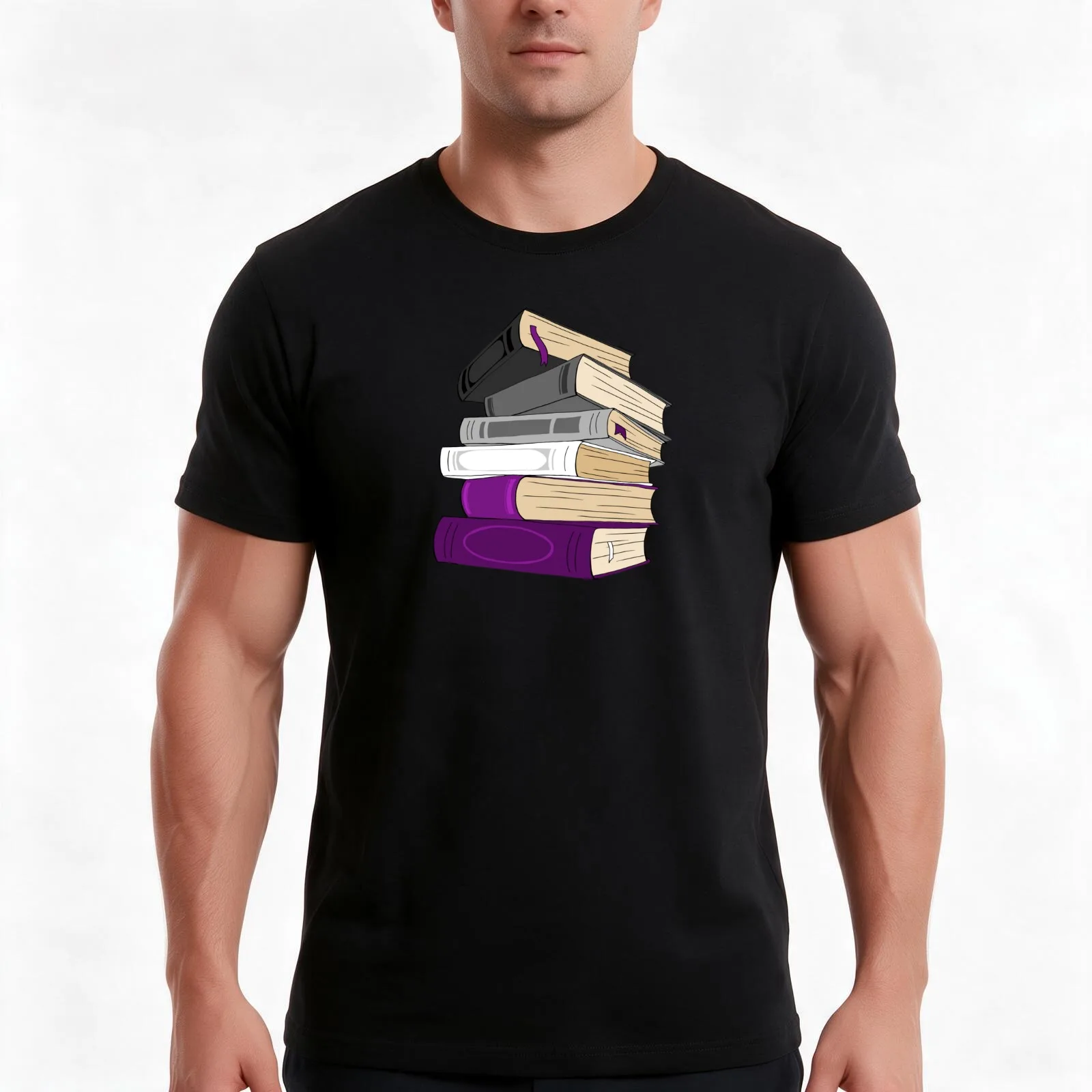 Ace Pride Book Stack T-Shirt, Summer Casual Cotton Tee, Oversized Streetwear Tops, Vintage Graphic Print, Loose Fit Short Sleeve