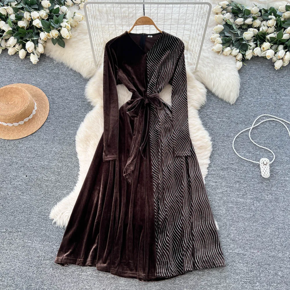 Vestido Retro elegante de terciopelo con cuello en V, manga larga, informal, de cintura alta, ropa de mujer, vestidos de ceremonia