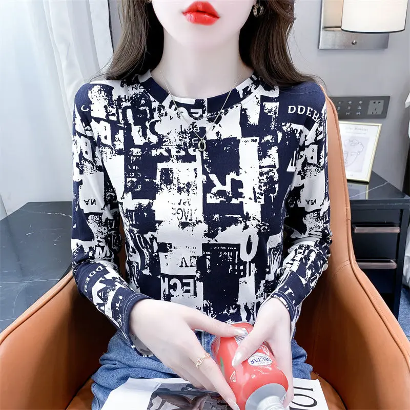 Vintage Printed O-Neck Casual Long Sleeve Letter T-Shirts Female Clothing 2024 Autumn New Loose Korean Tops All-match Tee Shirt