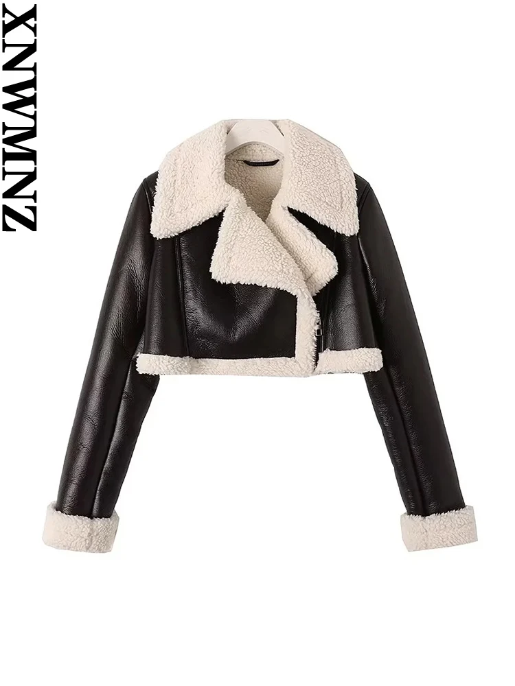 XNWMNZ Women Fashion Thick Warm Faux Shearling Crop Jacket Coat Vintage Long Sleeve Zipper Female Outerwear Tops High quality