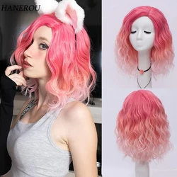 Parrucca sintetica capelli corti rosa Bob onda naturale capelli finti con frangia parte laterale per le donne parrucca in fibra di calore festa Cosplay quotidiana