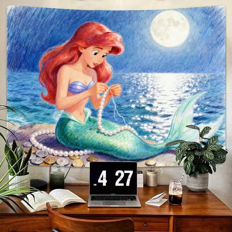 

1 шт. гобелен с русалкой Диснея Ариэль, настенное искусство Moonlit Pearl Ocean, декор комнаты для девочек, эстетический фэнтезийный подарок