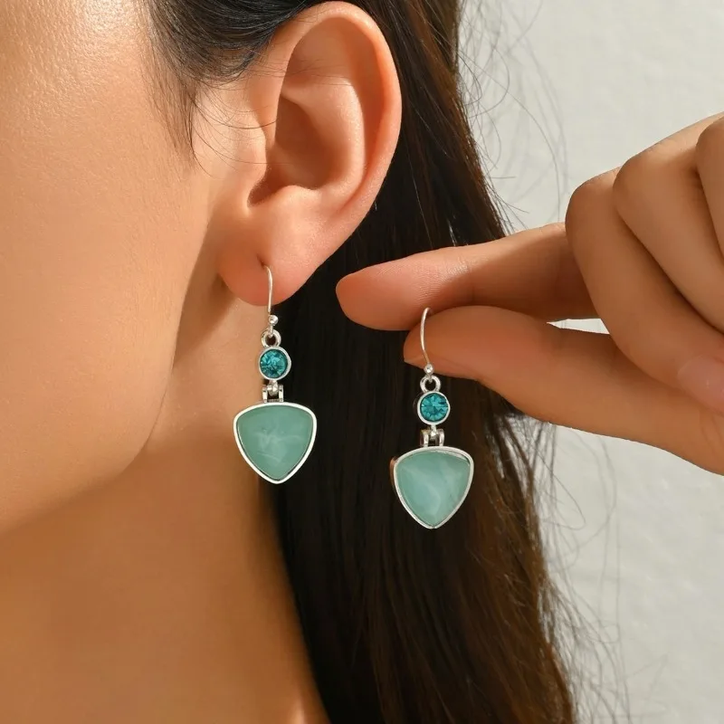 Bohemian Earring Round Turquoise Crystal Triangular Light Blue Color Synthetic Zircon Pendant Simple Daily Pendant Women Earring