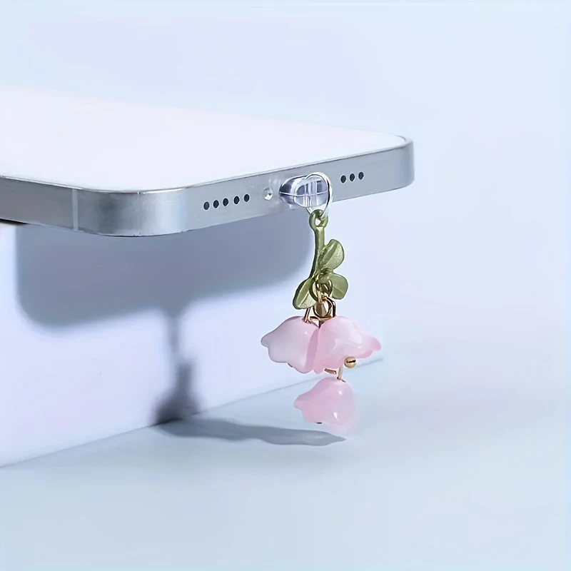 

1PC For Phone/Type-C Interface Cute Pink Lily Of The Valley Phone Charm Flower Green Leaf Dust Plug DIY Accessories