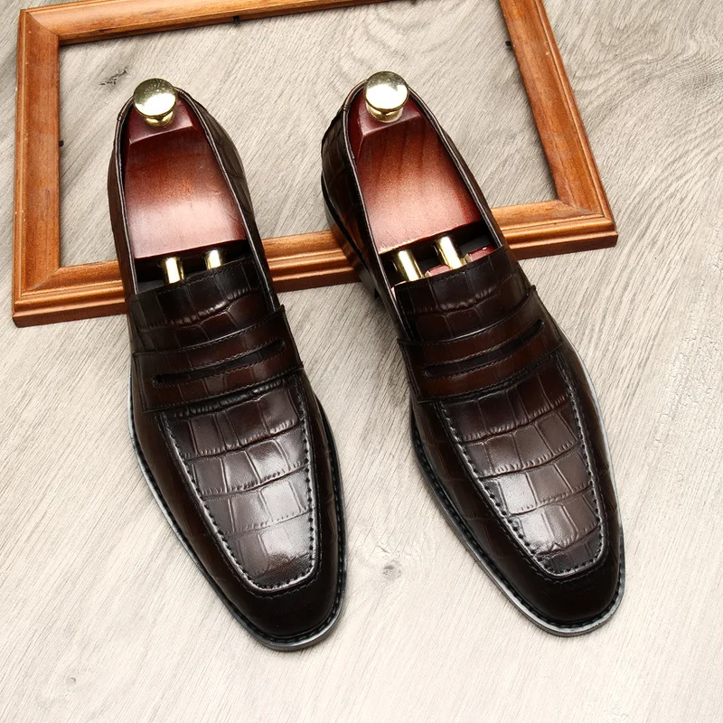 Men Genuine Leather Loafers Business Formal Shoes Round Toe Crocodile Pattern Dress Shoes
